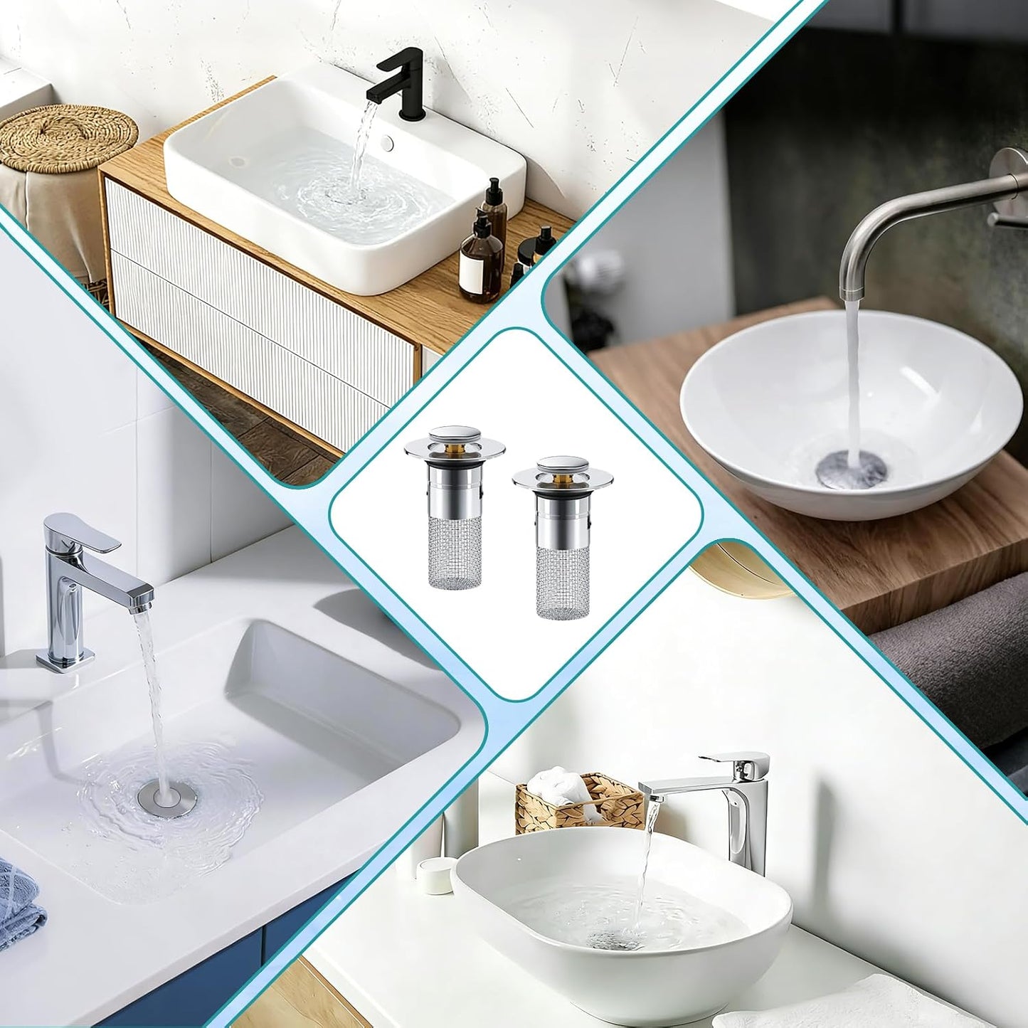 Bathroom Sink Drain Strainer, Pop-Up Sink Stopper Hair Catcher, Anti-Clog with Removable Stainless Steel Filter Basket, Universal for US Standard Drain Stopper Replacement (Silver, 2pcs)