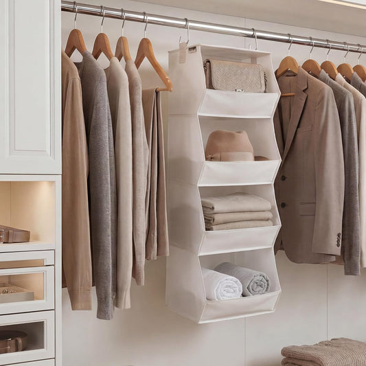 StorageWorks Basics Hanging Closet Organizer, 4-Shelf Wide Trapezoid Closet Shelves with Reinforced Anti-Sagging Support for Sweaters, Hoodies and Handbags, Foldable Storage Organizer, Beige
