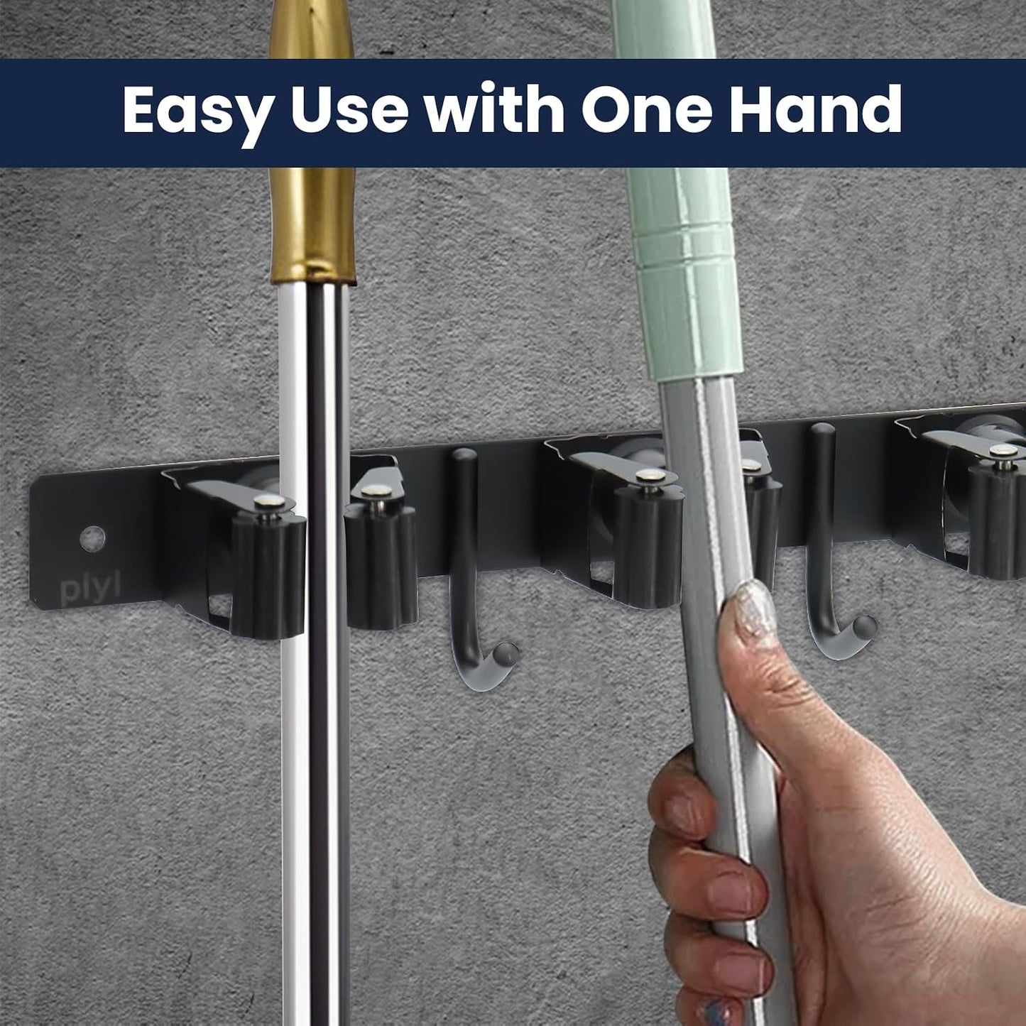 Broom Mop Holder Wall Mount Broom Hanger Wall Mounted Metal Organization Garage Storage Garden Kitchen Tool Organizer With 4 Racks and 5 Hooks (Silver, 1 Pack 3R4H)…