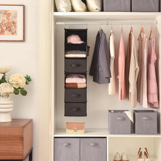 GRANNY SAYS Hanging Closet Organizer 6 Shelves, Closet Organizers and Storage with 5 Drawers, 6 Side Pockets Closet Hanging Organizer, Hanging Storage Organizer for Closet, Baby Clothes, Gray