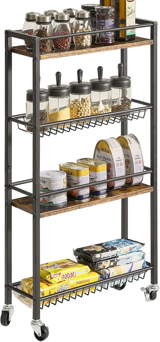 YMYNY Kitchen Storage Rolling Cart 4 Tier on Wheels Rustic Brown HBR002H | for Narrow Spaces, Laundry Room, Dining Room, Bathroom, 32.7" H Shelving Unit with Mesh Baskets