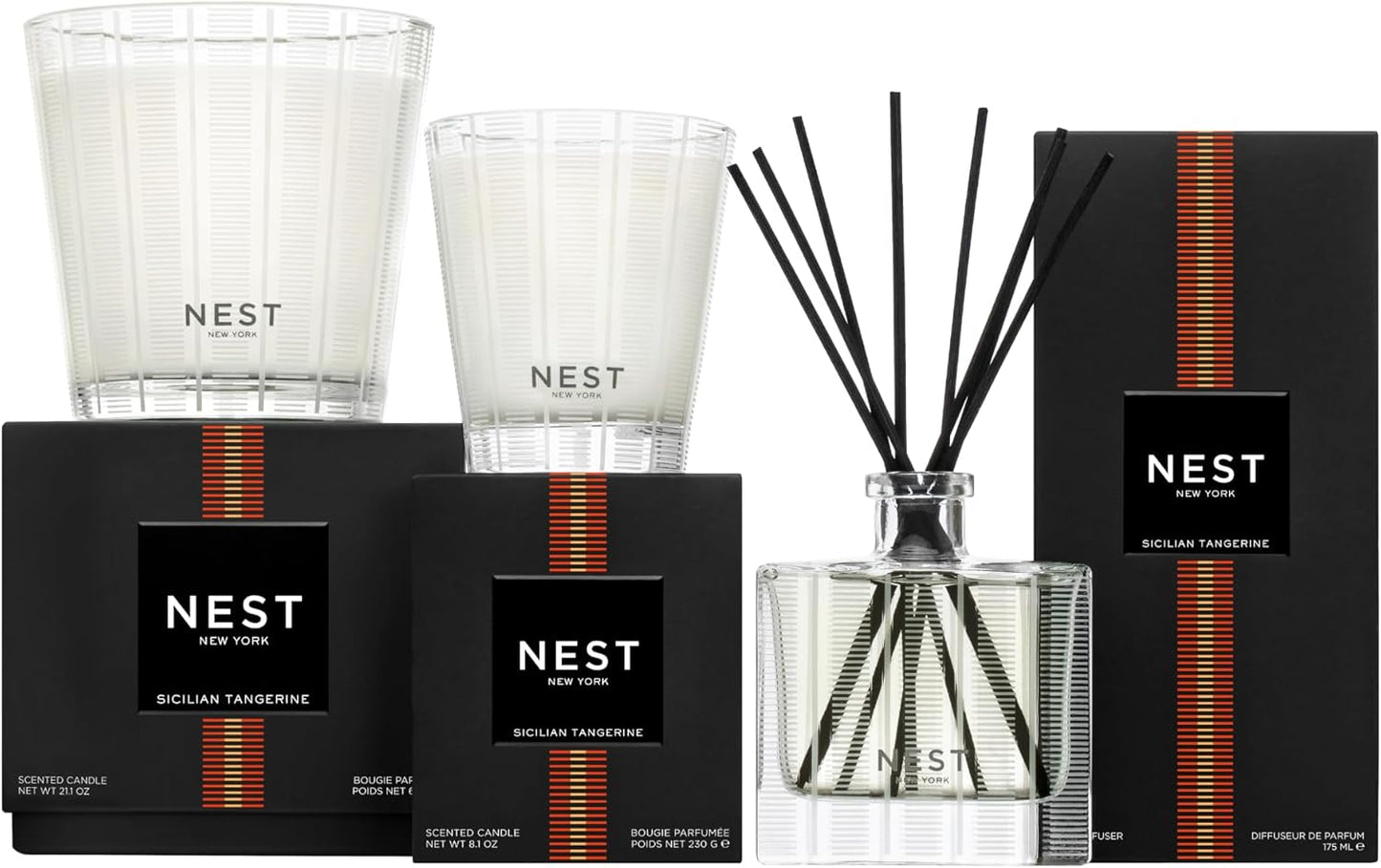 NEST New York Reed Diffuser, Moroccan Amber - 5.9 fl oz - Fragrance for Up to 90 Days - Reusable, Refillable Glass Holder - Includes 8 All-Natural Reed Sticks - Flame Free