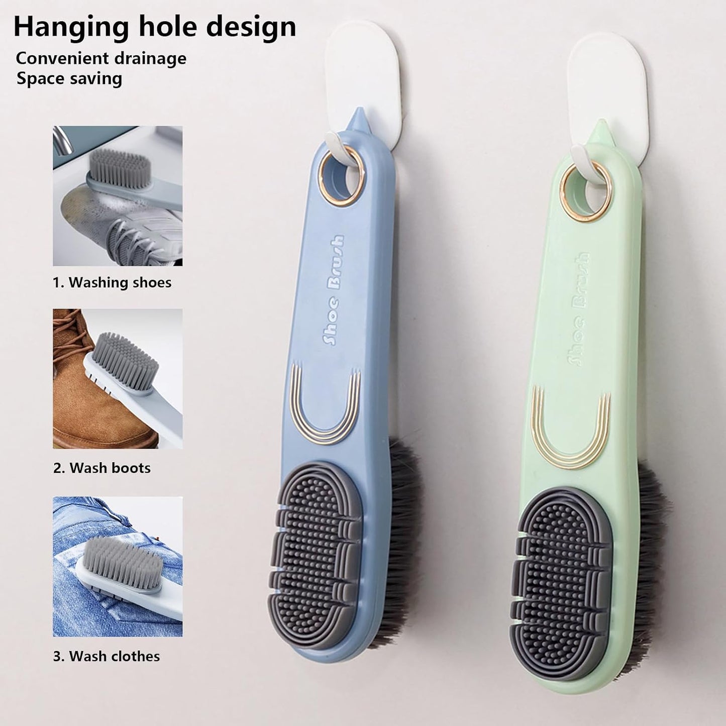 2 Pack Laundry Stain Brush Multi Cleaning Brush Double-Sided Soft Bristle Cleaning Brush Long Handle Laundry Brush for Stain Removal Shoes Clothes Scrub Brush Silicone Soft Brush, Sole Cleaning