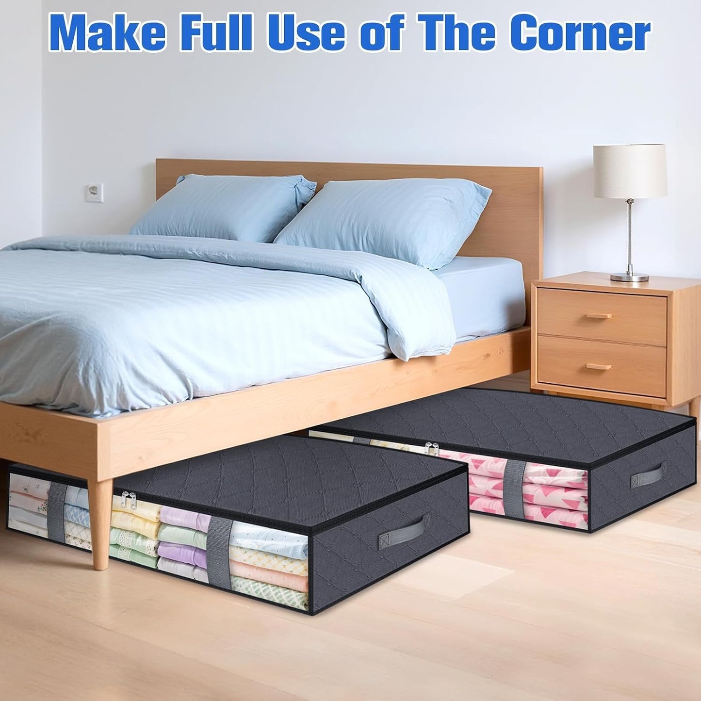 TasticTotes Under Bed Storage Containers, 4 Pack Blanket Storage Bags, Collapsible Storage Bags with Big Zippers, Clear Front, Shoe Storage and Organization for Clothes, Comforter, 60L, Grey