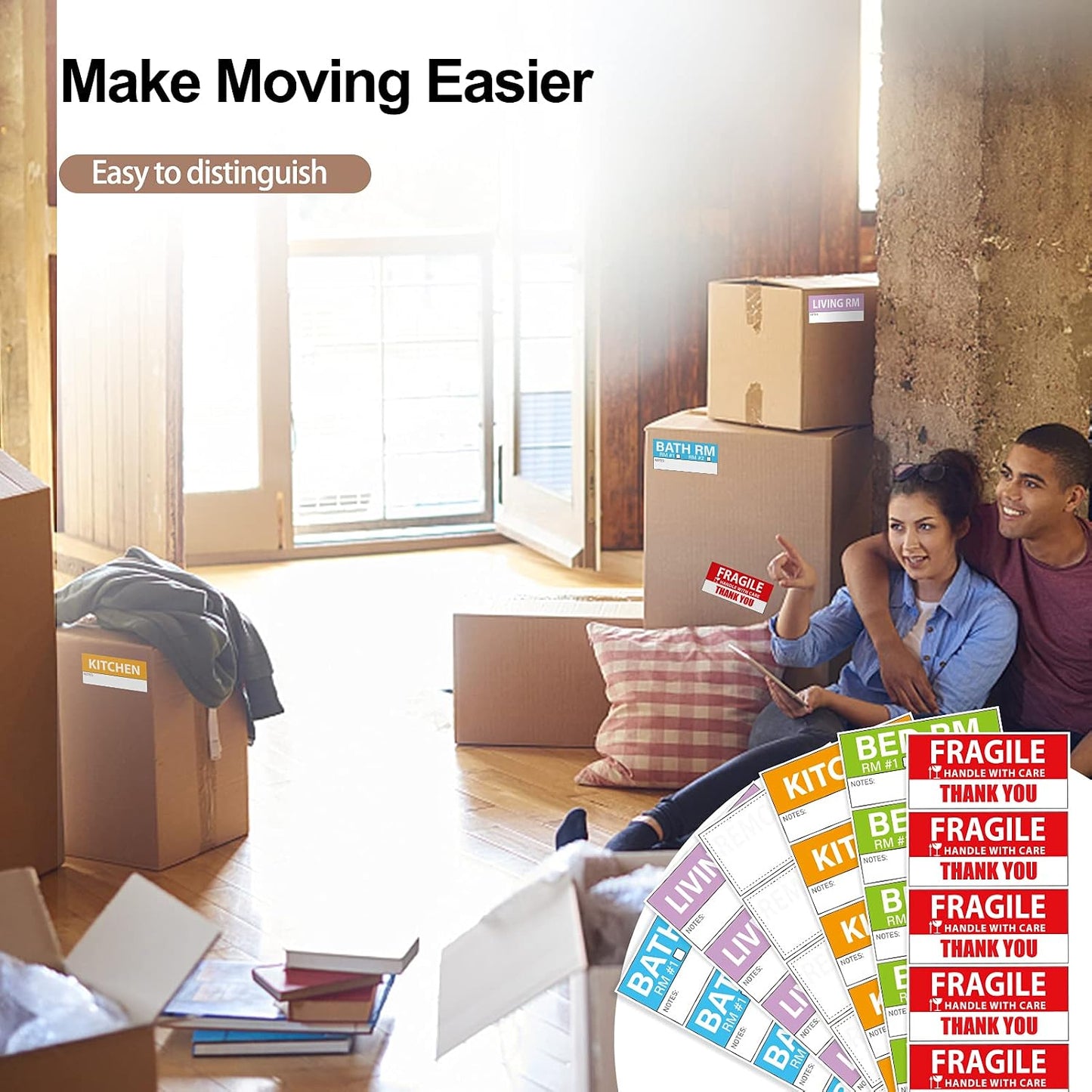 Yoget 42x90mm Large Home Moving Labels for Apartment Moving, 4 Different Color Coded Packing Stickers + 40Pcs Fragile Stickers + 40 Pcs Removable Blank Furniture Labels (240 Labels)