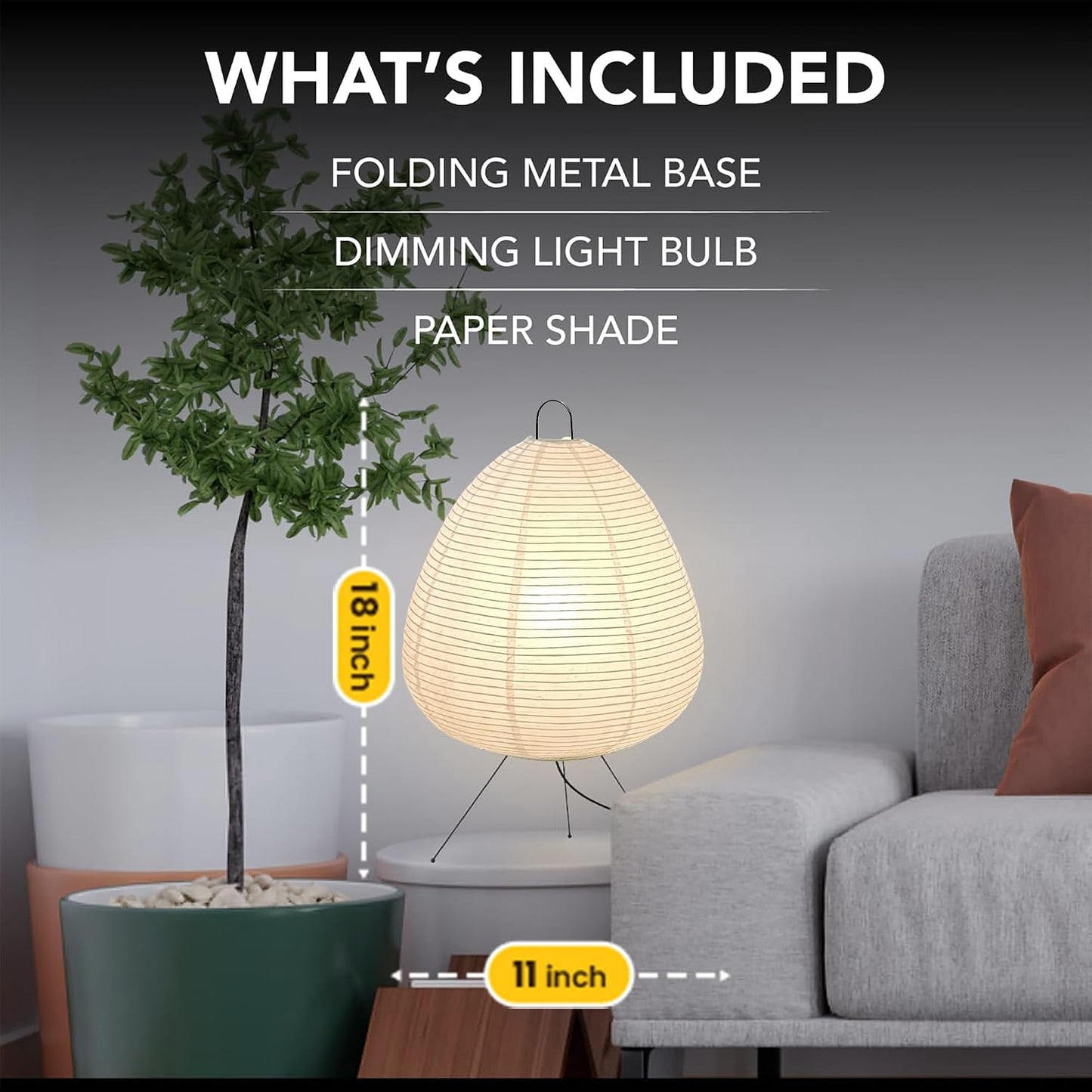 Japanese Paper Lantern Lamp – Rice Paper Noguchi Style Table Lamp with Dimmable Light & Washi Paper Shade (Akari Style) for Bedroom Desk Decor