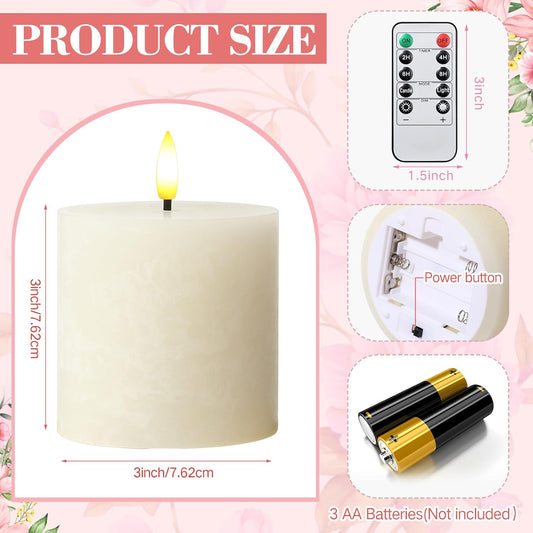 Retisee Valentine's Day Flameless Pillar Candles Set of 3 Battery Operated Candle with Remote Control Timers Real Wax Flat Top Flickering Small LED Candles for Valentine Decor Dinner(Ivory,3x3 Inch)