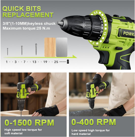 Cordless Drill Tool Set: 12V Power Drill Tool Kit with Battery & Charger, 25+1 Torque Setting, Portable Household Basic Drills Case for Men & Women, 2-Speed Electric Drill Set, 142 Piece, Green