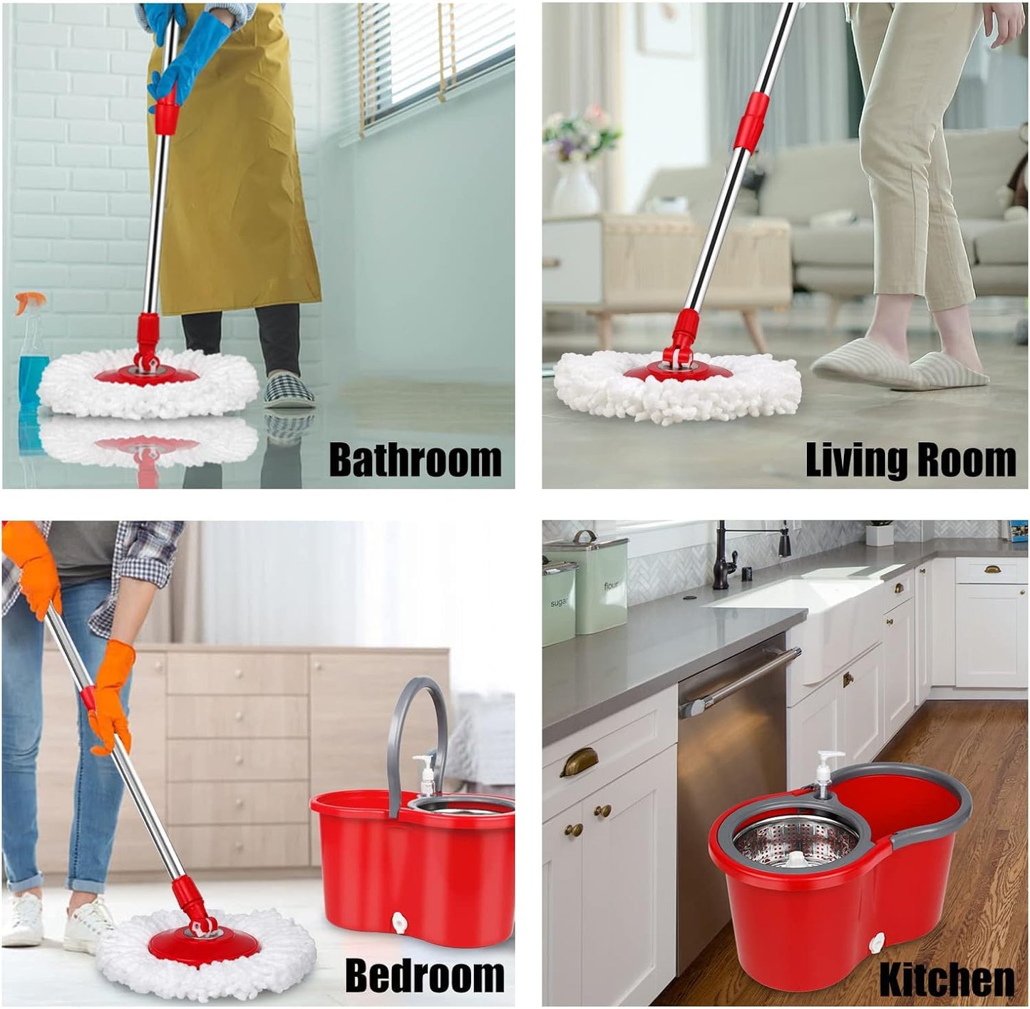 Spin Mop and Bucket with Wringer Set, 360° Spinning Mop Bucket System with 3 Microfiber Mop Replacement Heads and 61" Stainless Steel Adjustable Handle for Floor Cleaning