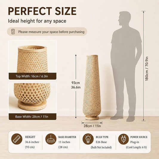 MIXL-Farmhouse Style Bamboo Floor Lamp,Large Wicker Indoor Floor Light,Boho Standing Light Plug in,Modern Minimalist Standing Lamp for Living Room Bedroom