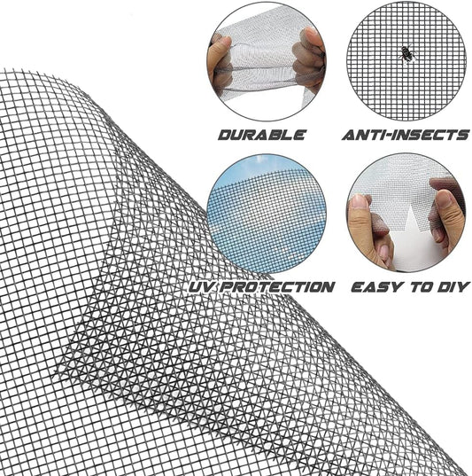 Screen Repair Kit Easy DIY Project 36" x 90" Fiberglass Screen Mesh with Rolling Tool and Screen Retainer Spline Screen Replacement kit for Windows Sliding Doors and Patio Screens (36" x 90", Black)