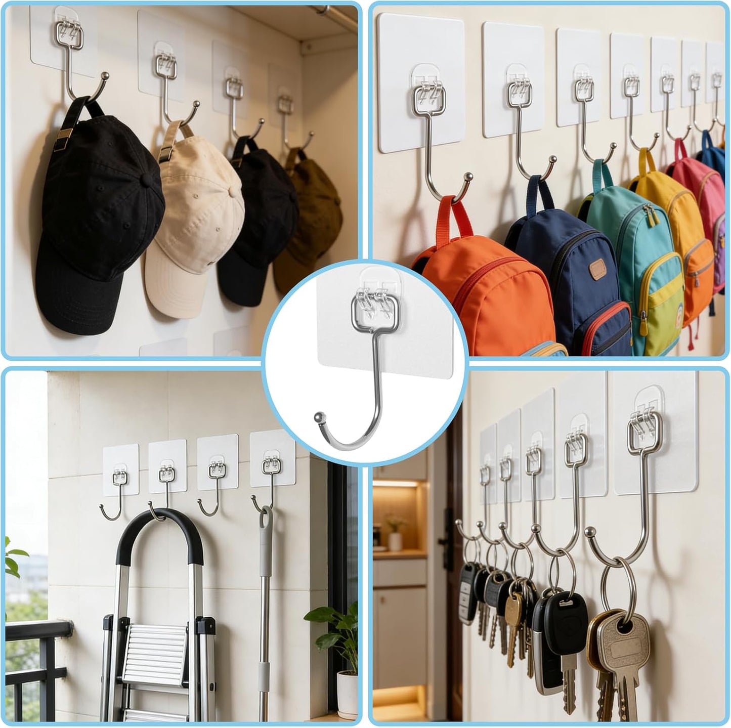 Adhesive Wall Hooks 10-Pack 60lb Heavy Duty - Waterproof Rustproof Sticky Hooks, No Damage Wall Hooks for Kitchen Bathroom Rental Home