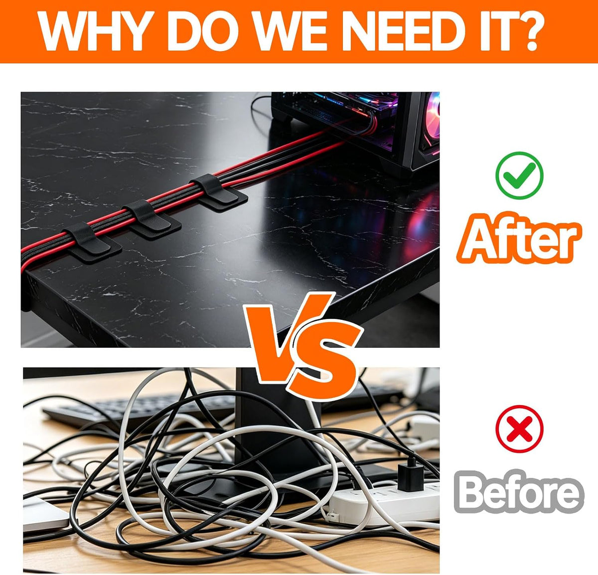 Hook and Loop Cable Ties Wire Clips Kit, 30pcs Self-Adhesive Cable Clips + 20pcs Stickers + 197" Cord Ties Management Organizer Straps Holders for TV PC Desktop Wall, Home Office Desk Accessories