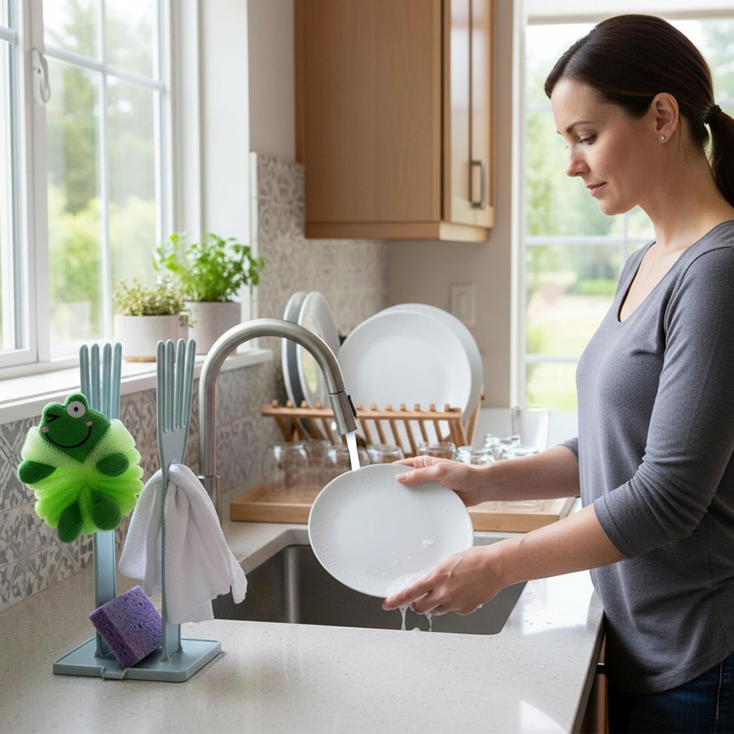 Kitchen Gloves Holder Mitten Dryer Reusable Rubber Glove Clothes Drying Rack Plastic Washing Sink Holder Stand Towel Hanger for Dish Gloves Rags Sponge Food Bag Organizer Blue