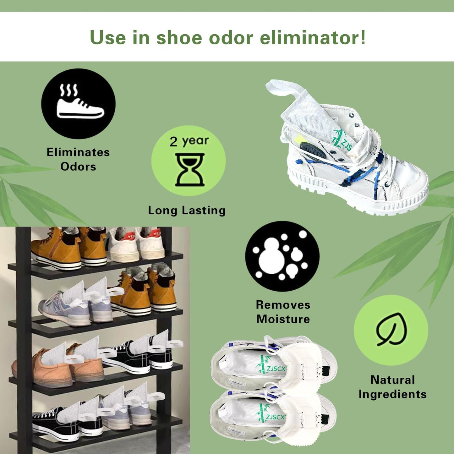 Charcoal Shoe Deodorizer, 2 Pack Natural Shoe Odor Eliminator, Reusable Activated Charcoal Bags Odor Absorber for Sneakers, Boots, Gym Bags, Closet & Locker