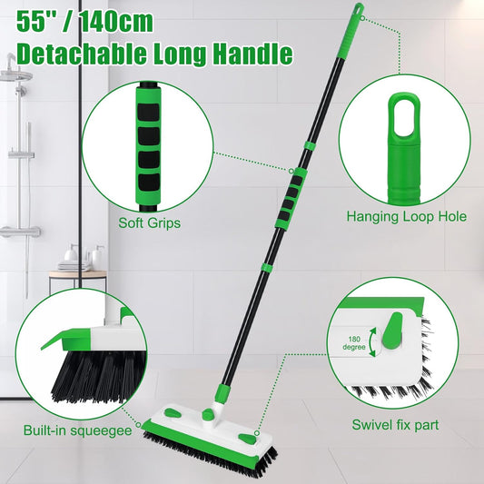 Floor Scrub Brush with Long Handle, 3-in-1 Scrape Scrubber Brush with Squeegee Stiff Bristle Deck Brush for Cleaning Tile Bathroom Patio Deck Garage Grout Kitchen