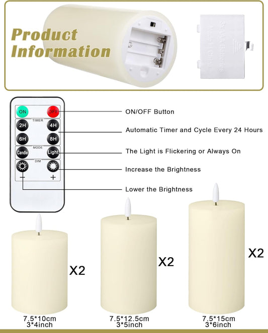 Leelosp 6 Pack Flameless Candles with Remote Timer, Battery Operated Flickering Flameless Candles Bulk Flat Top Pillar LED for Wedding Festival Outdoor Home Decor D 3'' H 4'' 5'' 6''(White)