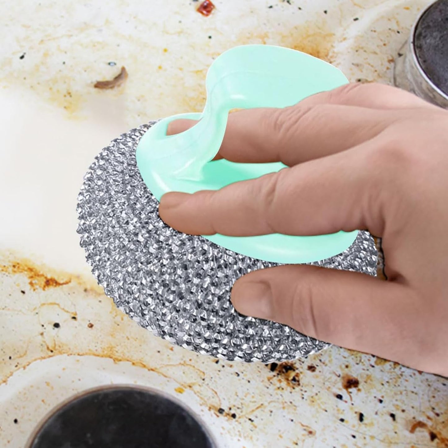 Dish Scrubber - Non Scratch Short Handle Brush for Cleaning | Durable Nylon Fiber with Soft Ball Pad, Stain Removing Scouring Tool, Easy Grip Handle for Pots, Pans, Grill, Sink, Kitchen Household Use