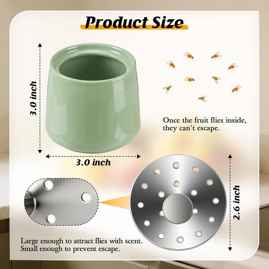 Ceramic Fruit Fly Trap for Indoors, Reusable Kitchen Fly Catcher with Stainless Steel Vent Lid, Uses Safe & Natural Vinegar Bait Trap, Dishwasher Safe, Easy to Use (White,1 Pack)