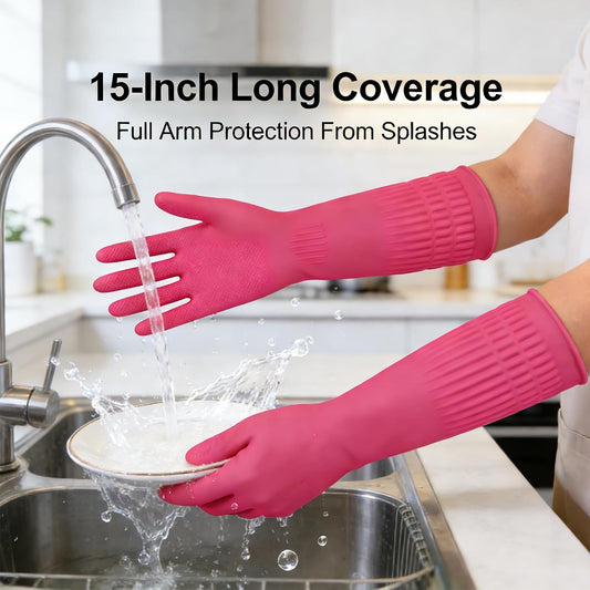 Long Cuff Rubber Cleaning Gloves for Household and Kitchen, Durable Dishwashing Gloves with Textured Grip, Medium Size Protection Reusable for Deep Cleaning, Mopping, and Car Detailing, Pink