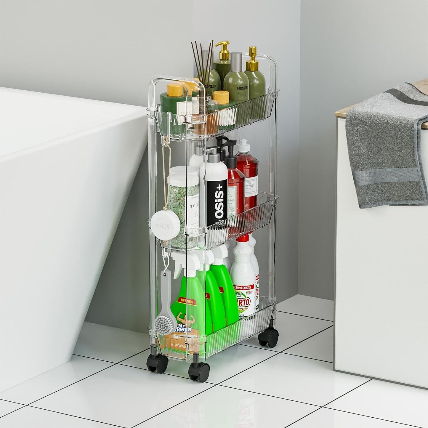 3 Tier Slim Rolling Storage Cart with Wheels for Small Space,Clear Modern Design Slim Utility Cart Suitable as Bathroom Cart Organizer Shelf,Skinny Bathroom Storage Rack,Narrow Laundry Cart on Wheels