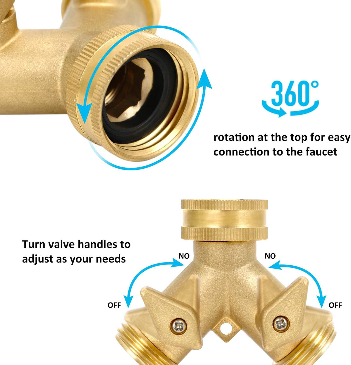 STYDDI Garden Hose Splitter 2 Way Heavy Duty, Solid Brass 2-Way Water Hose Splitter, Outdoor Faucet Spigot Splitter Two Way Connector, Y Valve Garden Tap Hose Adapter with 3 Hose Washers