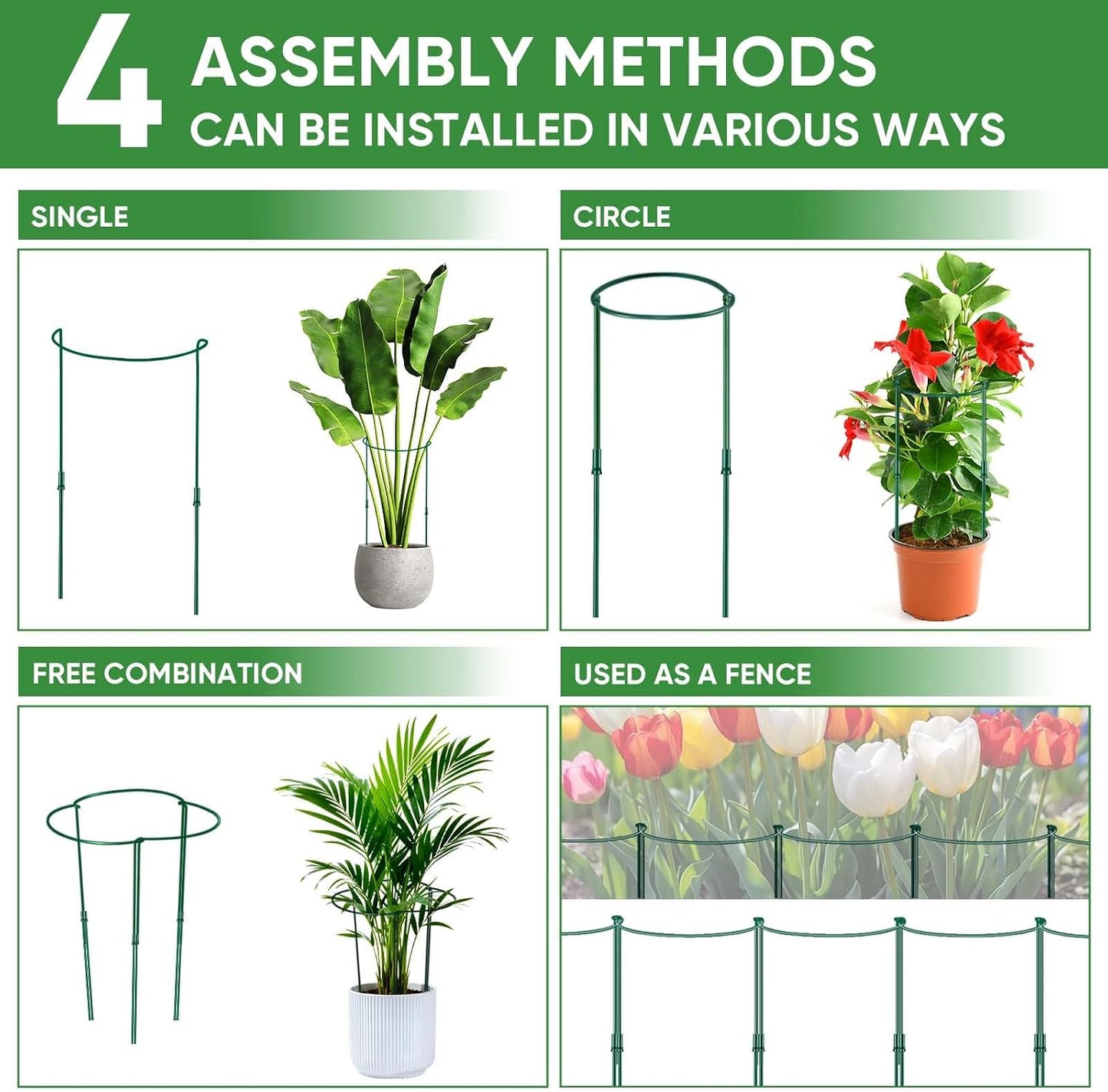 HiGift Peony Cages and Supports 24" H x 10" W, 8 Pack Tall Snake Plant Support Stake Half Round Metal Garden Stake for Indoor and Outdoor Plants, Flower Support Ring Border for Tomato,Hydrangea,Rose