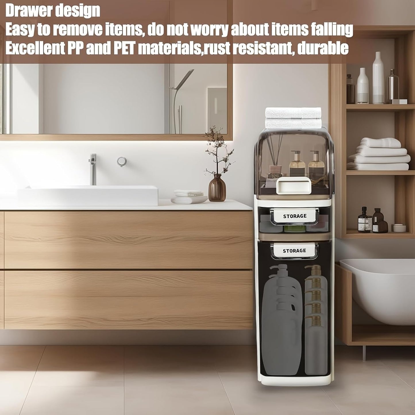 3-Tiers Slim Narrow Bathroom Storage Cabinet with Drawers, Waterproof Skinny Bathroom Storage Floor Cabinet with Tissue Box and Wheels for Small Spaces