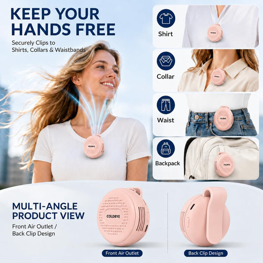 ColdBye Bladeless Shirt Clip Fan for Waist & Clothing, Wearable Personal Cooling Fan with 3 Speeds, USB-C Rechargeable Hands-Free Mini Portable Fan for Work, Travel, Camping & Outdoor Activities