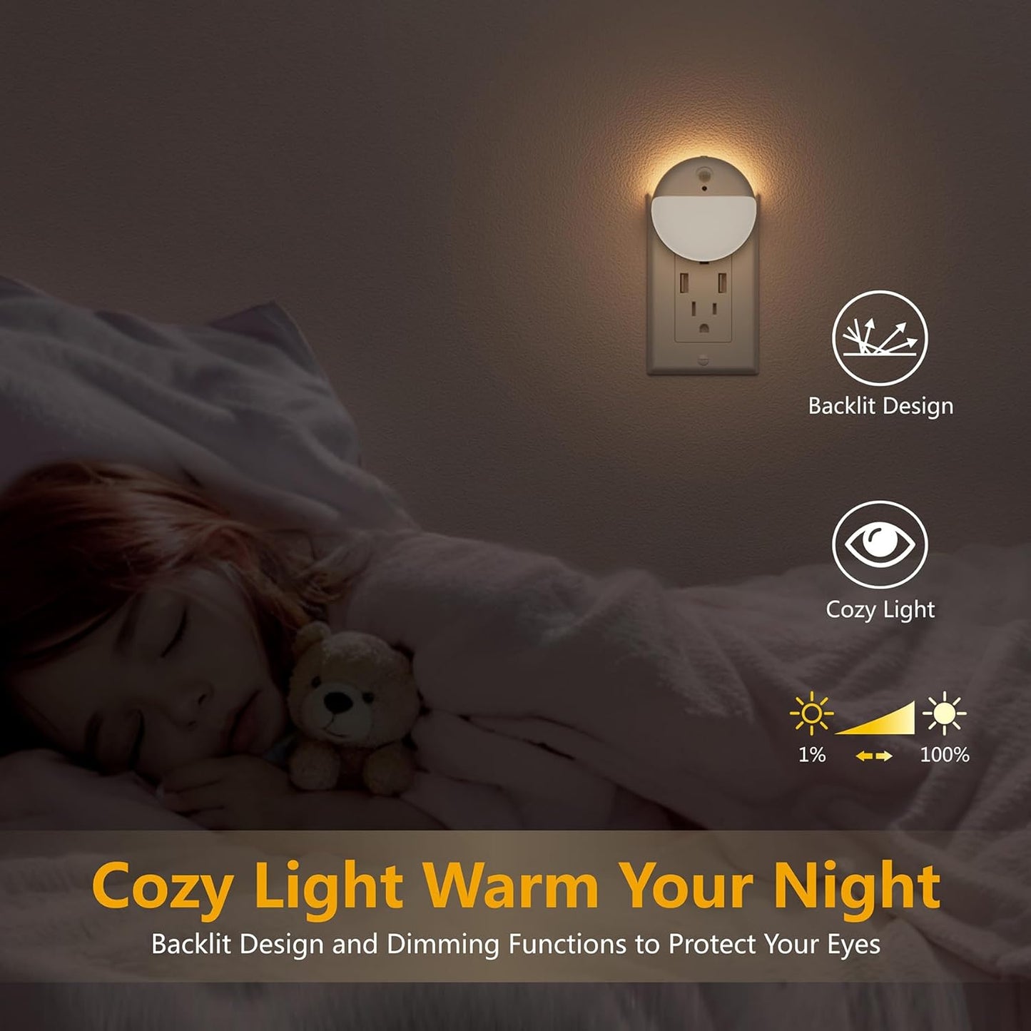 YUNLEX 2 Pack Plug in Night Light with Motion Sensor and Dusk to Dawn Sensor, Stepless Dimming, Warm White LED Nightlight with 3 Lighting Ways for Bathroom, Bedroom, Kitchen, for Kids, Adults