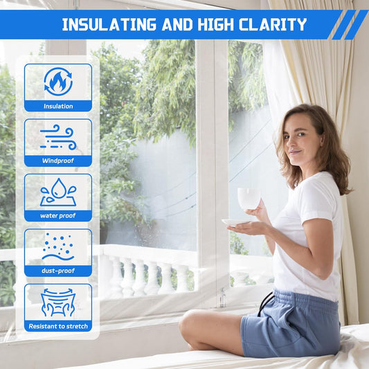 Heavy Duty Window Insulation Kit for Winter - 75 in x 79 in Clear Plastic 180㎛ Thick Shrink Film on Windows and Patio Doors, Reusable Storm Window Kit for Sliding Doors & Large Windows