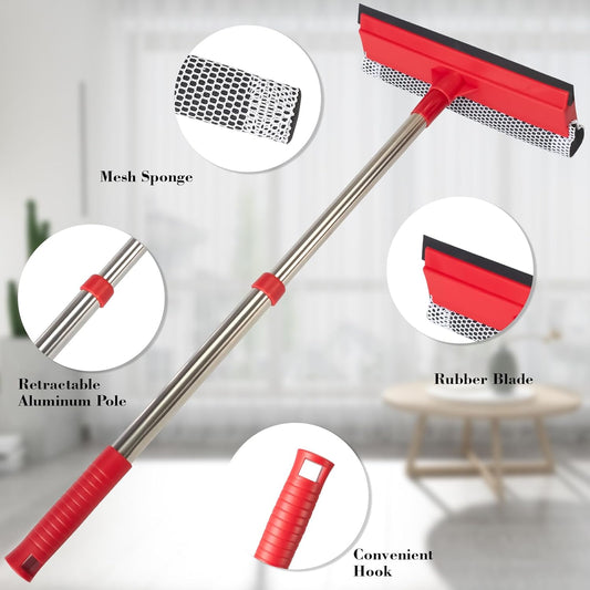 Professional Standard Window Squeegee,2-in-1 Window Cleaner Sponge and Soft Rubber Strip with Retractable Stainless Steel Handle(15.3"-23.6") for Gas Station, Glass,Shower,Outdoor Window Cleaning
