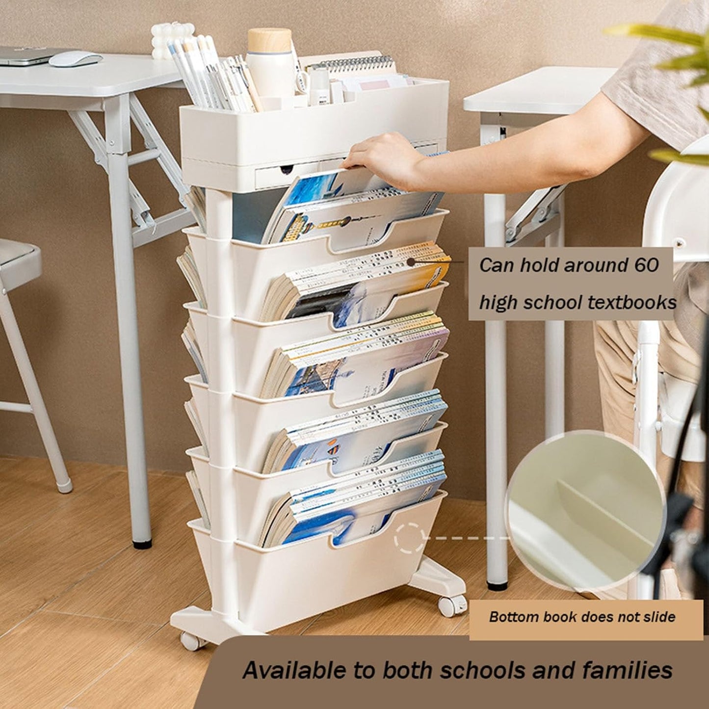 Rolling Bookshelf Cart with Wheels, 6 Tier Movable Bookshelf for Storage, Portable Bookshelf on Wheels for Kitchen Bathroom Office, Slim Book Cart, Off White