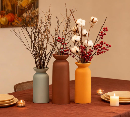 Ceramic Vase Set of 3, Modern Multicolor Pattern Flower Vases for Home Decor, Office, Centerpieces, Boho Farmhouse Style (Red/Green/Orange)