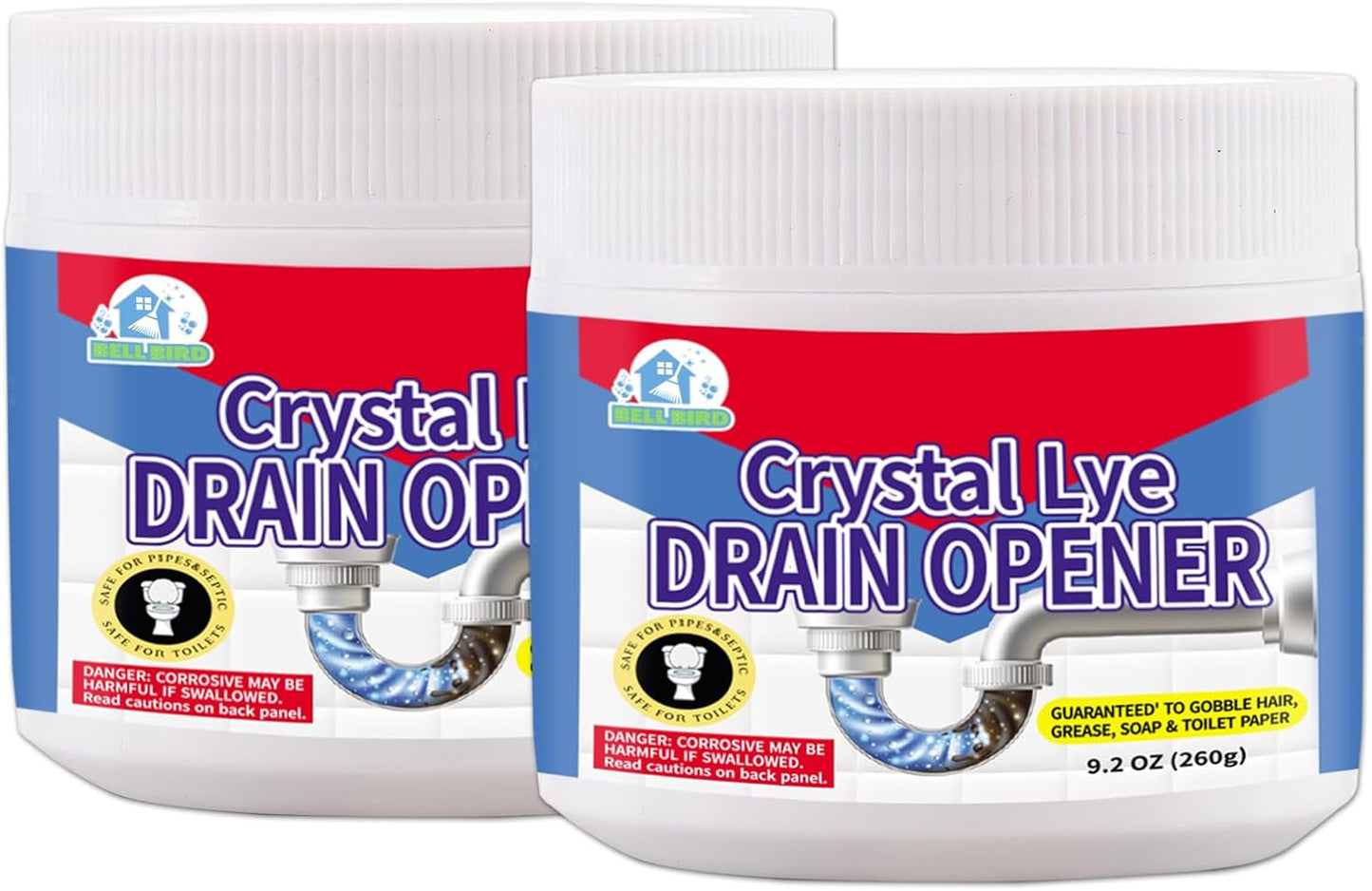 BELL BIRD Crystal Lye Drain Opener, Lye Sodium Hydroxide, Unclogs Bathroom Kitchen Sinks, Shower Pipes & Toilets, Sink Drain Cleaner, Clog Remover for Clogged Drains Bathtub Pipes (1PCS)
