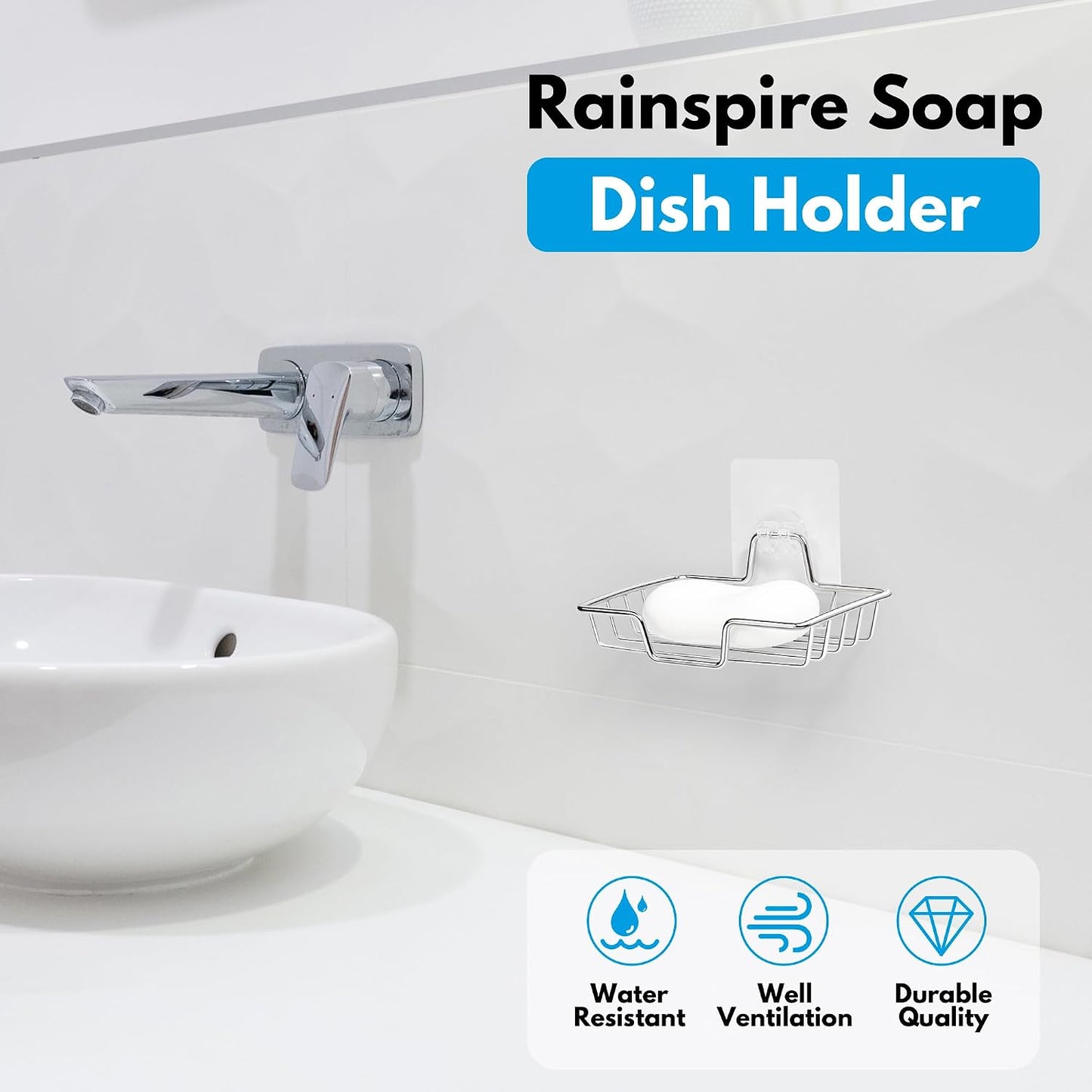 Rainspire Bar Soap Holder for Shower, 304 Stainless Steel Rustproof, Wall Adhesive, Soap Tray Bar Soap Sponge Holder for Bathroom & Kitchen, Square, Black
