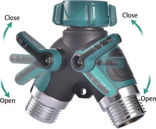 Garden 2 Way Hose Splitter Y Connector with Comfortable Rubber Grip and 360 °Rotatable Top Quick Connect Garden Hose Tee Equipment Valve Shut Off (Green 2)