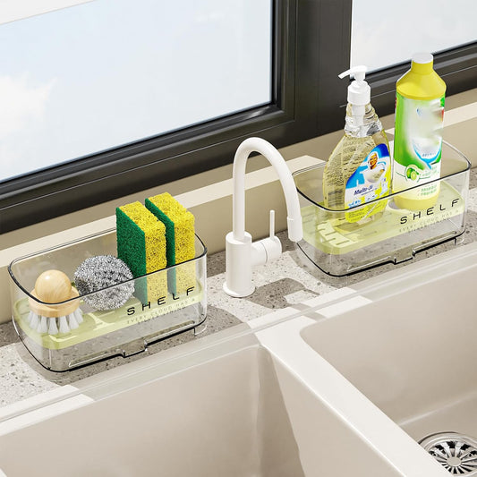 Sponge Holder for Kitchen Sink, Clear Acrylic Sink Organizer with Auto-Draining Tray, Countertop Sink Caddy for Sponges, Soap, Brush & Cleaning Tools