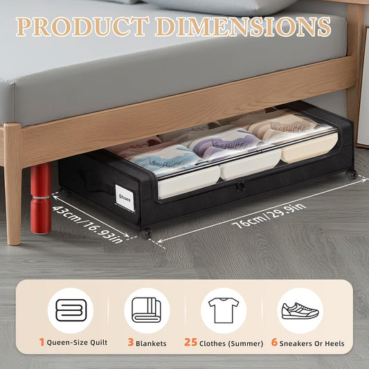 Under Bed Storage with Wheels 2-Pack,Under Bed Storage Containers XXL,Underbed Shoes Storage with Clear Lid,Rolling UnderBed Metal Drawer for Clothes Blankets Easy Pull-out Black