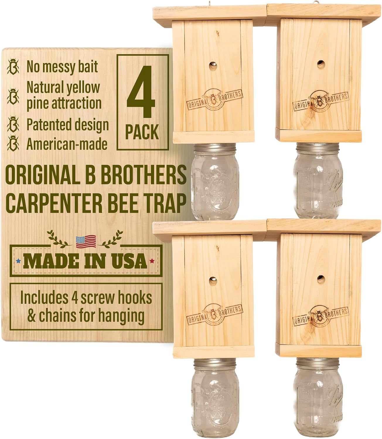 Wooden Carpenter Bee Catchers for Hanging Outdoor Traps Kit - Pack of 2 | Carpenter Bee Traps for Home, Yard, Garden, House with Hanging Kit, Carpenter Bees Natural Wooden Catcher Device Outside