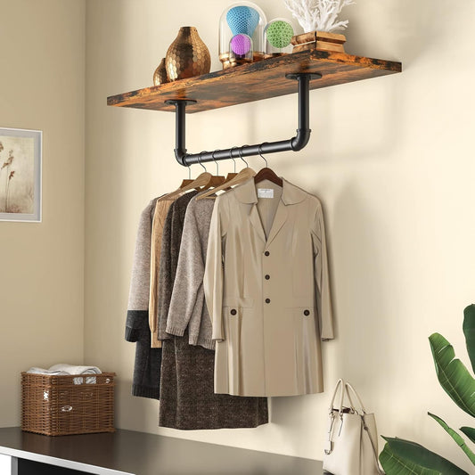 Wall Mounted Clothes Rack 38.4in, Industrial Pipe Wall Mount Clothing Rack, Heavy Duty Iron Garment Racks, Space Saver Multi-purpose Hanging Rod for Laundry Room, Closet Storage, 1 Pack