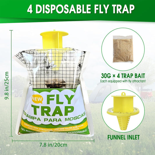 Fly Traps Outdoor,4 Pack Disposable Pre-Baited Effective Hanging Yellowjacket Catcher for Yard Garden Patio Horse Ranch Trash Can,Safe Insect Control Killer Fly Bags