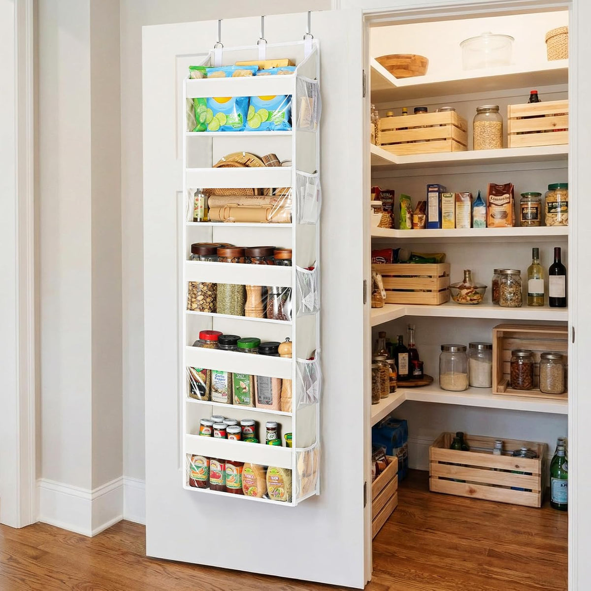 Yecaye Over the Door Organizer 5 Tiers, Heavy Duty Hanging Storage with 5 Large Clear PVC Pockets and 10 Side Pockets, 56lbs Capacity for Closet Door Bathroom Bedroom Nursery Dorm Laundry Room, Grey