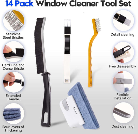 Window Track Cleaner Tools Set, 14 PCS Window Groove Cleaning Brush Kit for for Sliding Door, Window Sill, Shutter, Car Vents