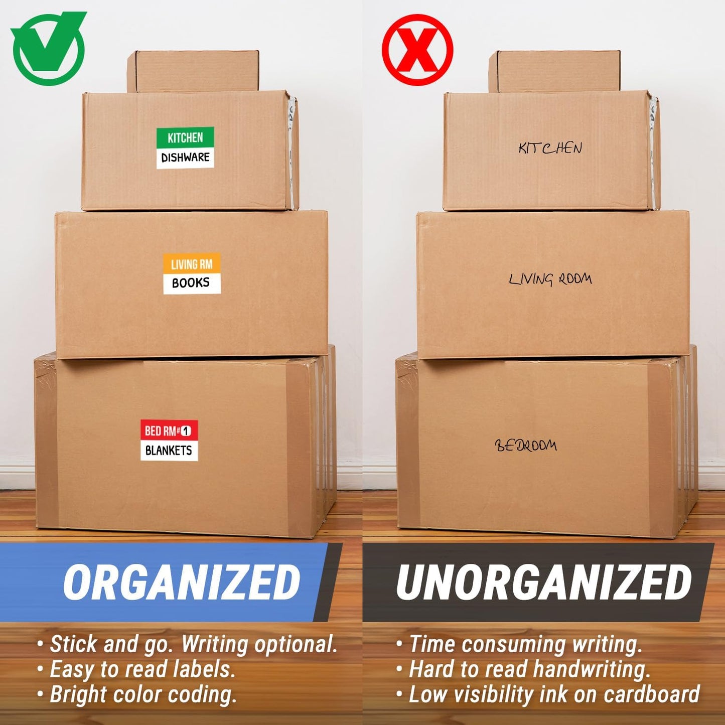 Home Moving Labels (3 x 2 inch, 10 Designs - 300 Labels) for 1-2 Bedroom, Color Coded Moving Stickers w/Writable Note Area, Fragile, Heavy & Extra Blank Stickers