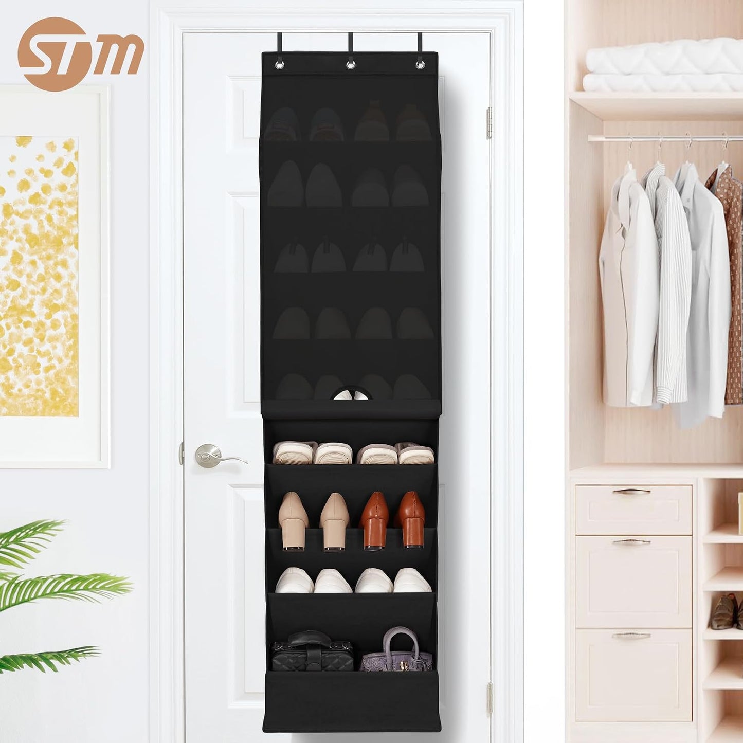 STORAGE MANIAC Over the Door Shoe Organizer with Curtain Dustproof Heavy-Duty Large Deep Pocket Hanging Shoe Organizer for Closet Dorm & Narrow Door Storage Shoe Holder Shoe Rack, 9-Shelf Beige 1 Pack
