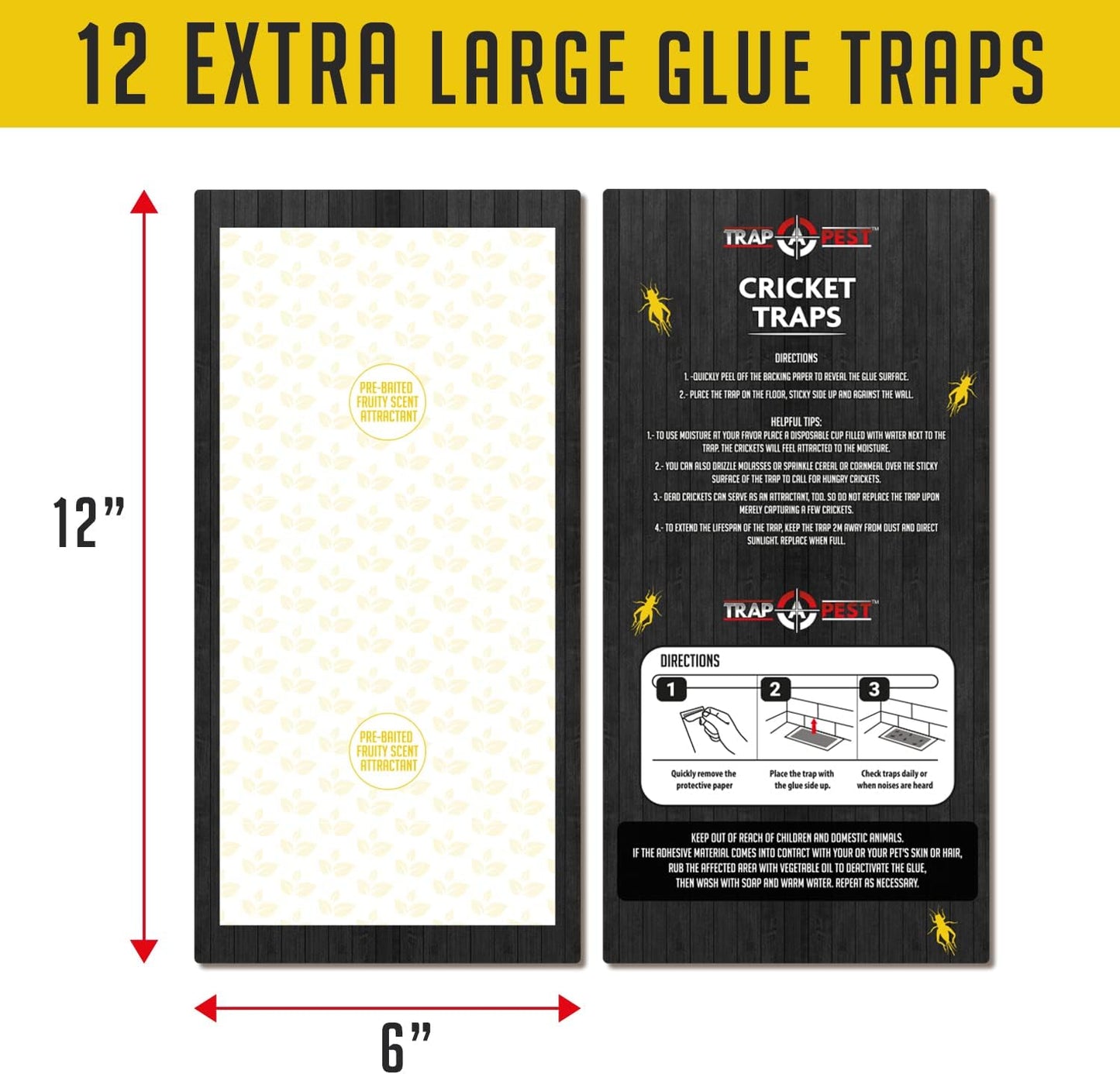 Cricket Traps Indoor (12 Traps) Extra Large Bug Sticky Traps - Non-Toxic Extra Sticky Glue Traps for Bugs - Pre-Baited Fruity Scent Crickets Bug Trap Indoor - Insect Glue Traps for Bugs - Trap a Pest