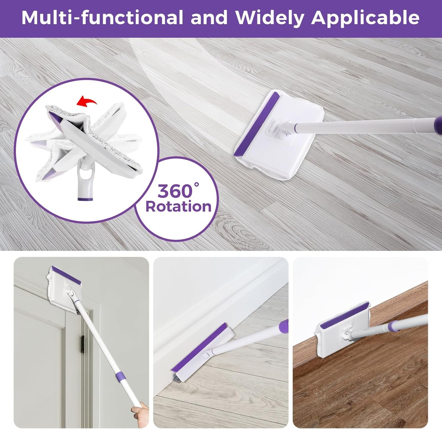 wlich Baseboard Cleaner Tool with Handle 2.0, 60" Extendable Long Handle, Dust Trapping and Locking, 5 Reusable Pads, Purple Base Boards Cleaning Tool for Moldings, Wall, Floor, Bathroom, Kitchen