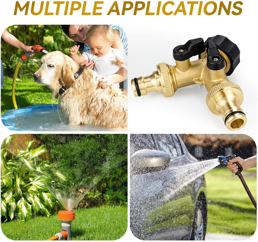 TMOK Garden Hose Splitter 2 Way With 2 Brass Nipple Connector,Heavy Duty Brass Hose Connector Tap Splitter, Y Splitter 2 Valves And Outdoor Faucet with 4 Extra Rubber Washers