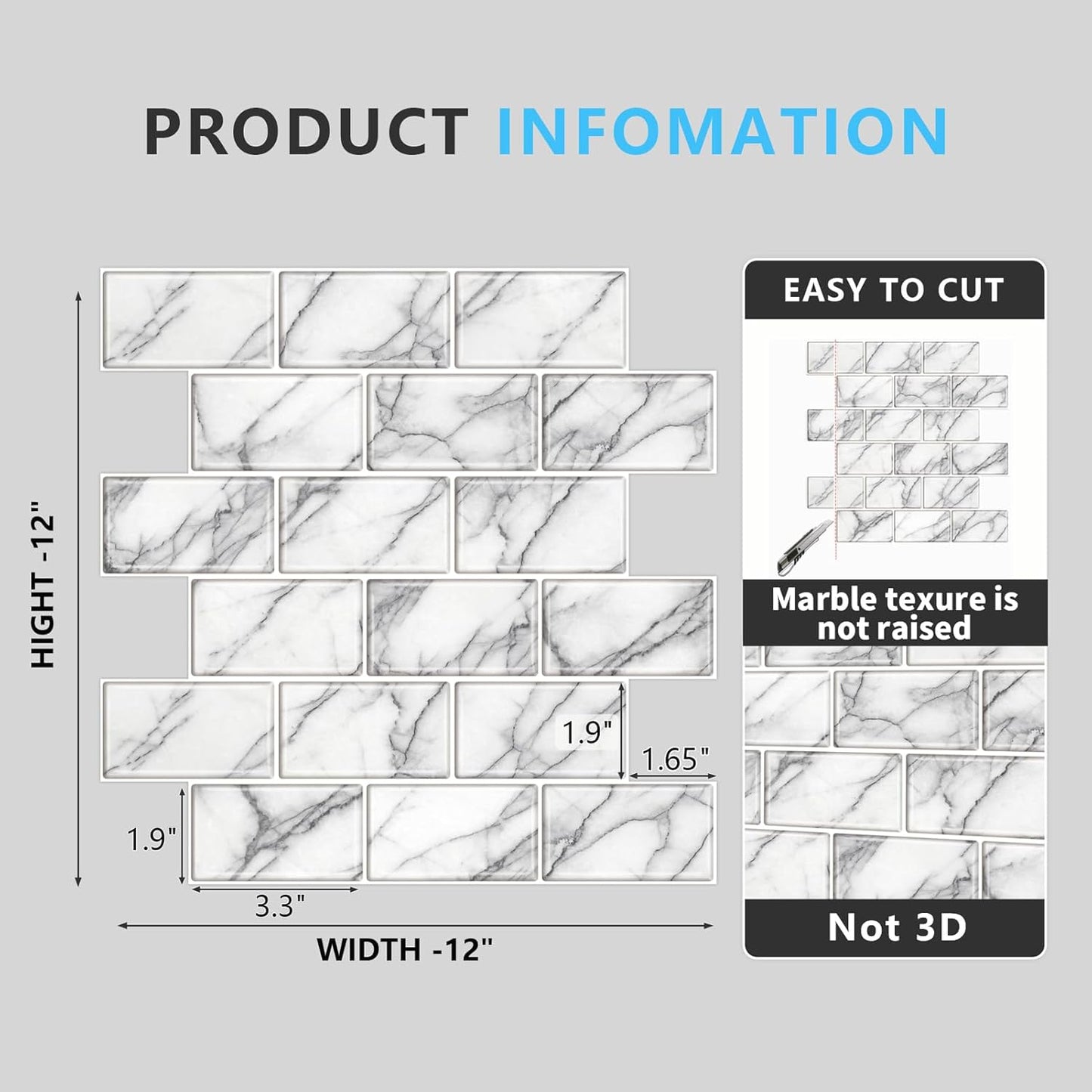 URCOLOR 10-Sheet Stick on Backsplash for Kitchen,12"x12" Peel and Stick Self Adhesive Wall Tiles Back Splashes for Bathroom Brown Marble Look